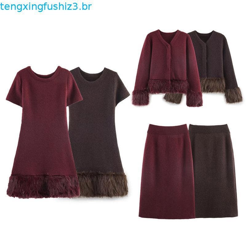 Vestido de Malha Marrom HXAO para Mulheres, Vestidos Casuais de Outono 2025, Vestidos de Manga Curta com Pelo Sintético,