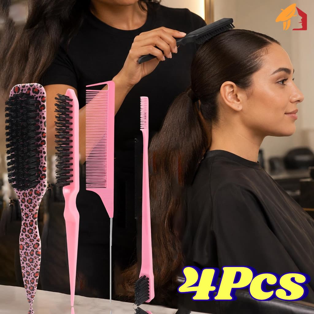 Kit De Escova De Cabelo Com Estampa De Leopardo Rosa Bege 4 Unidades-Pente De Separação De Cauda De Metal Multiuso-Pente