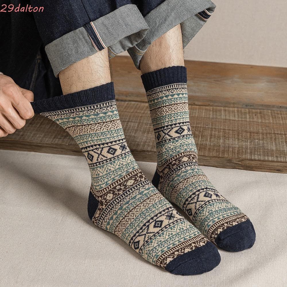 Meias de Algodão Masculinas DALTON, Pacote com 5 Pares, Meias Grossas de Lã Vintage Listradas para o Natal, Cano Médio,