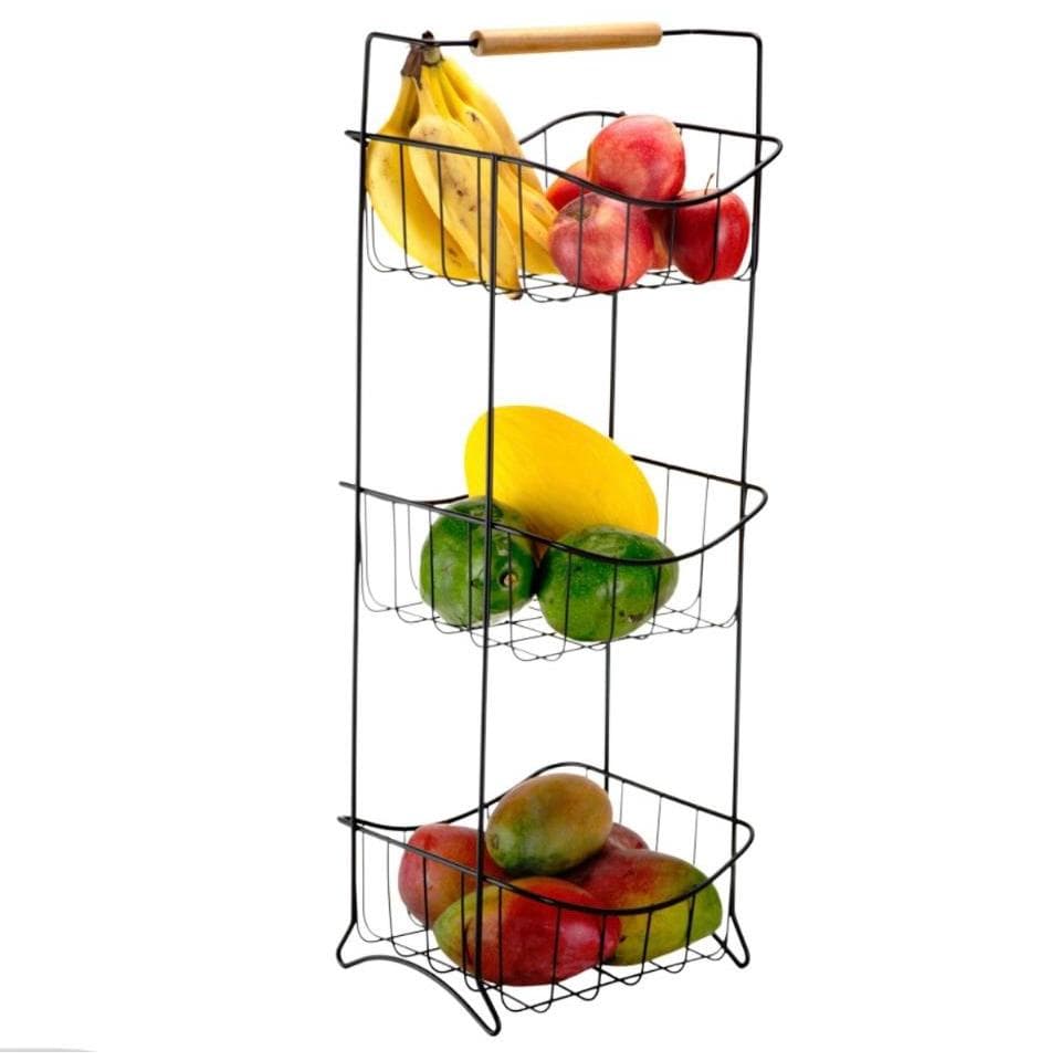 Fruteira De Chão Tripla Preta Eco Design Cozinha Decoração