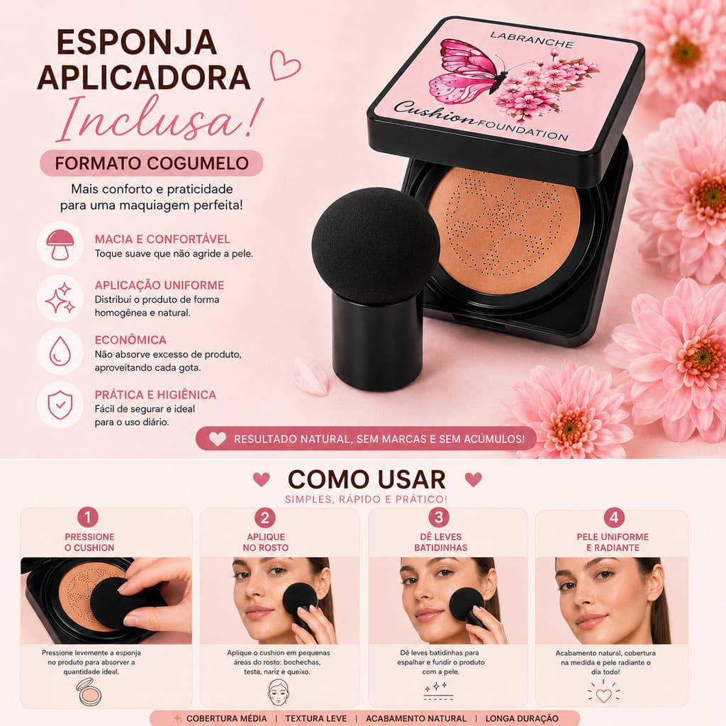Base Facial Cushion Labranche BB Cream Cobertura Média a Alta com Esponja Cogumelo