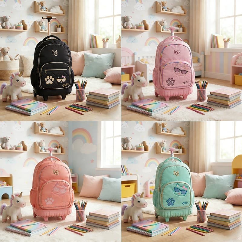 Mochila infantil com rodinhas, mochila com carrinho, mochila fofa com desenho de gato