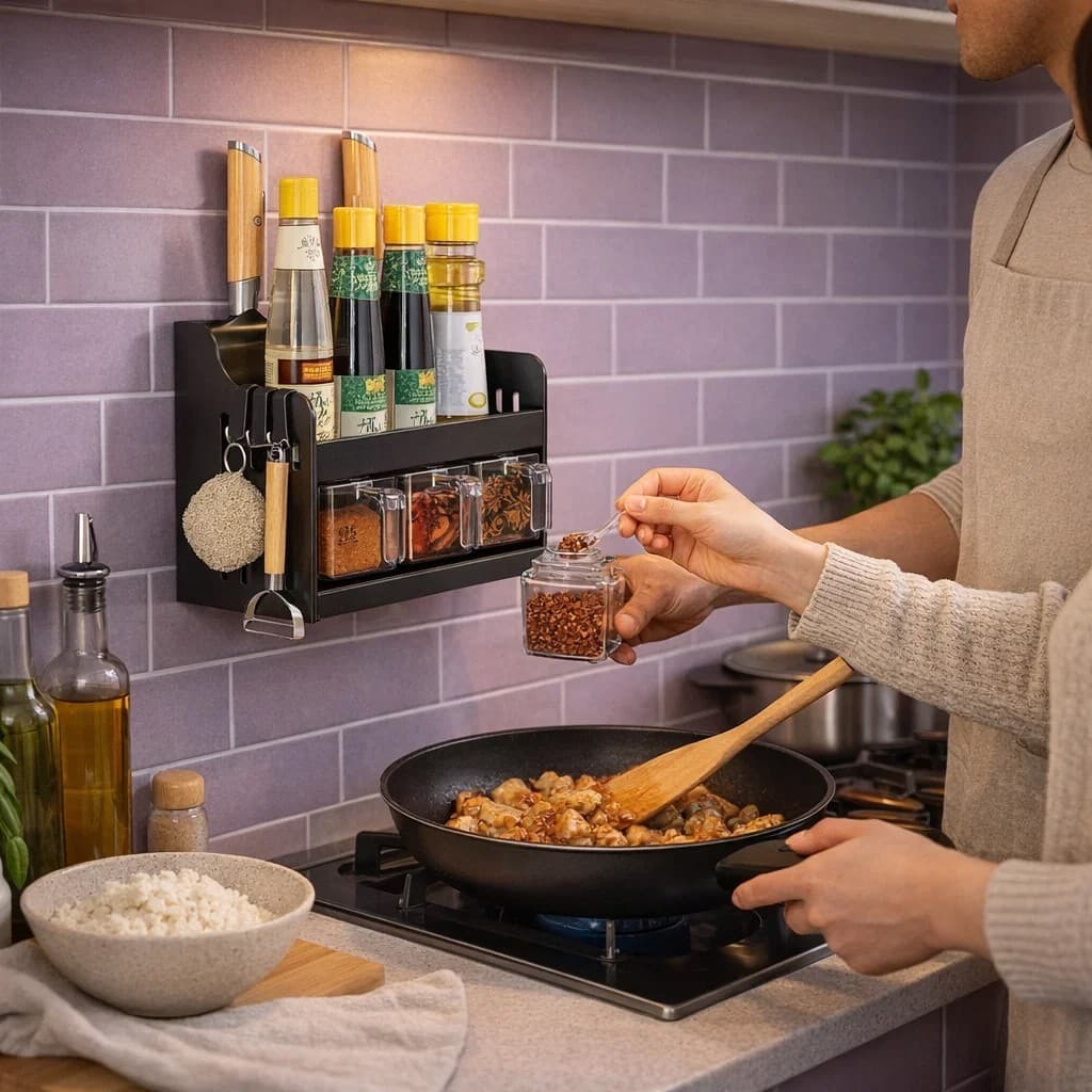 Organizador Parede Cozinha Suporte Fixo Temperos Condimentos Utensilios Ganchos Economiza Bancada