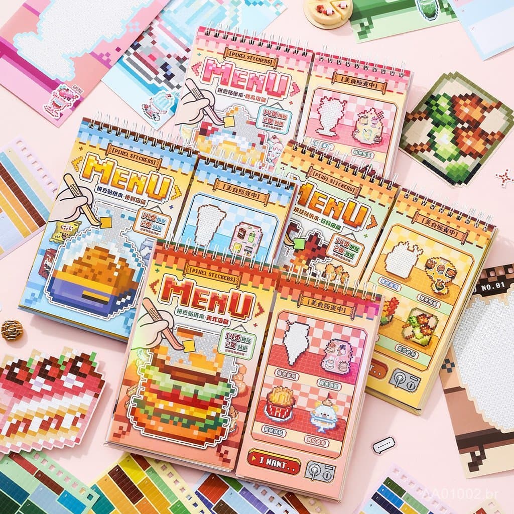 Livro de Adesivos de Miçangas Xinmo: Caderno Espiral Divertido com Estilo Pixel de Comidas e Sobremesas, Diário Infantil