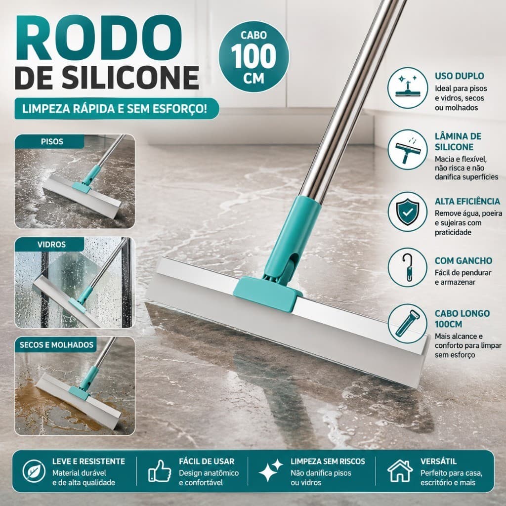 Rodo de Silicone 100cm Multiuso para Piso e Vidro Rodo Mágico Limpeza Seco e Molhado