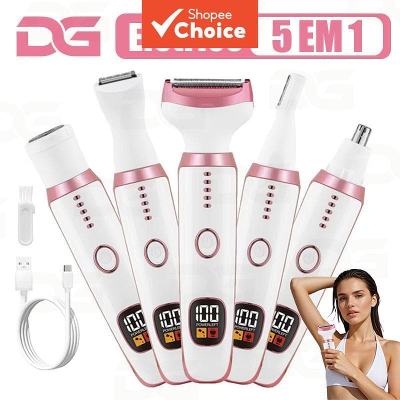 Depilador Elétrico 5 Em 1 Recarregável Com Display LED À Prova D'água Para Remoção De Pelos Faciais E Corporais Feminino