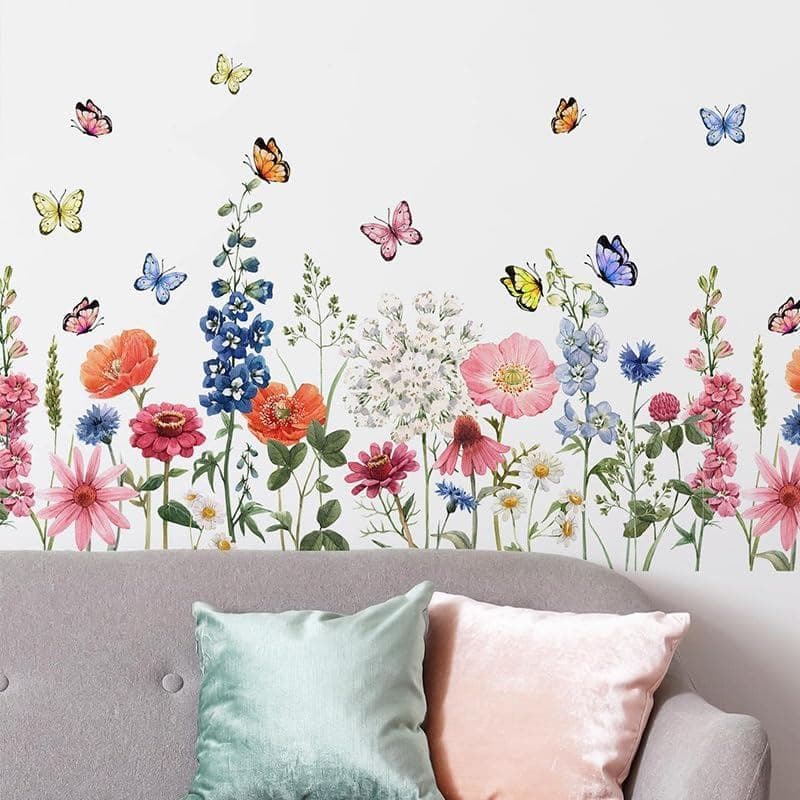 Adesivos de Parede iMagitek com Flores Silvestres, Margaridas, Grama e Borboletas para Decoração de Quarto de Meninas, S