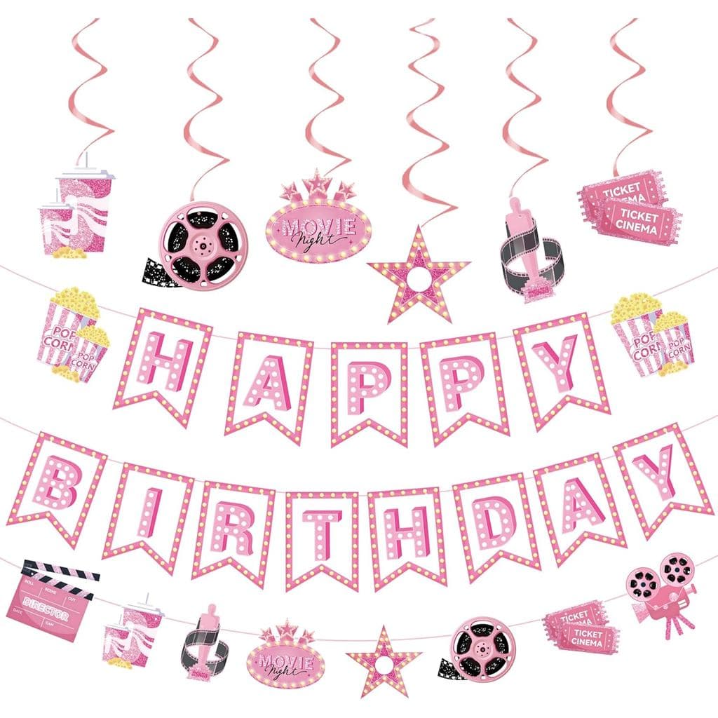 Kit de Decorações para Festa de Noite de Cinema Rosa – 2 Faixas de Aniversário com Tema de Pipoca, Câmera e Filme, 1 Gui