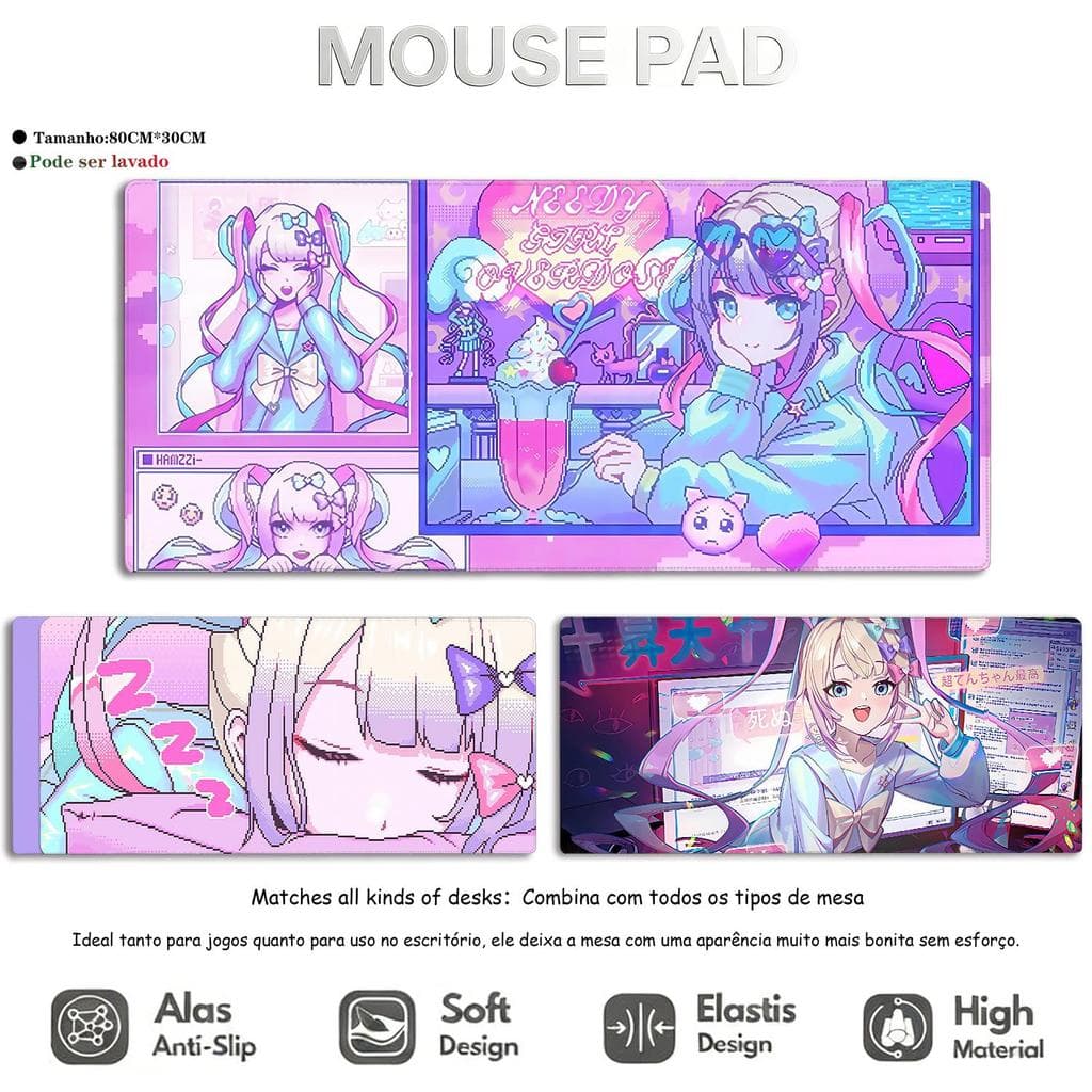 Mouse Pad Gamer XL 800x300mm Anime Menina Colorida Antiderrapante Macio e Espesso com Borda Reforçada