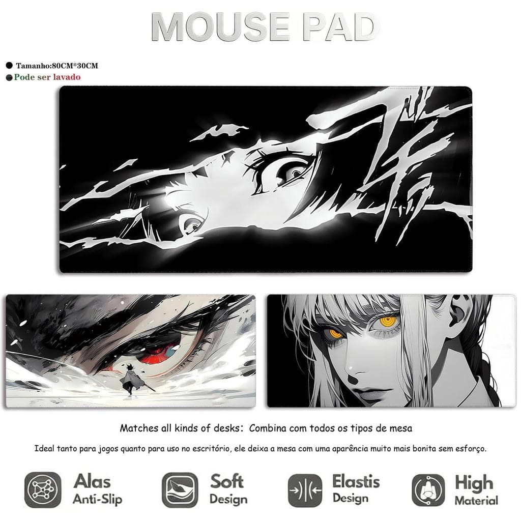 Mouse Pad Gamer XL 80x30cm Preto Branco Anime Minimalista Antiderrapante para Jogos com Borda Costurada Reforçada