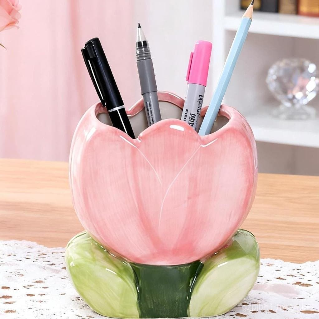 Porta-canetas fofo para mesa, vaso decorativo rosa, porta-escovas de dentes estético, porta-lápis para escritório, porta