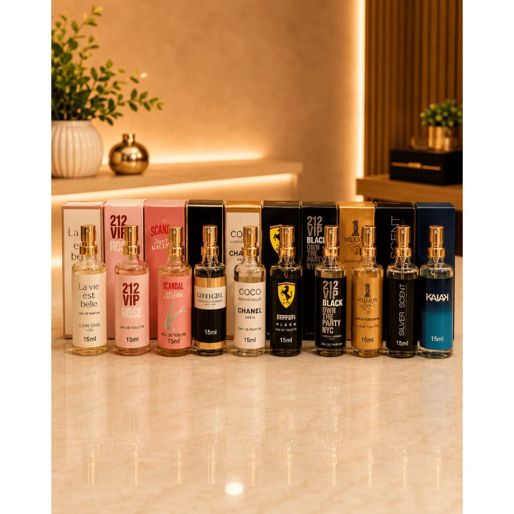 Kit 10 Mini Perfumes Femininos e Masculinos 15ml Fragrâncias Variadas Portáteis