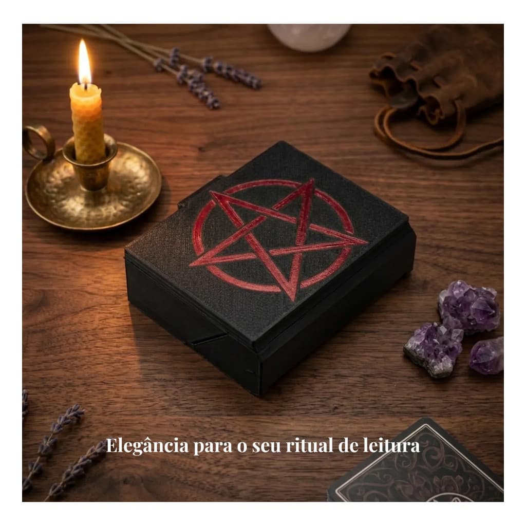 Caixa Para Tarot 78 Cartas Fecho Ímã Magnético Preta Pentagrama Vermelho Estojo Porta Baralho Cabe Baralho Padrão