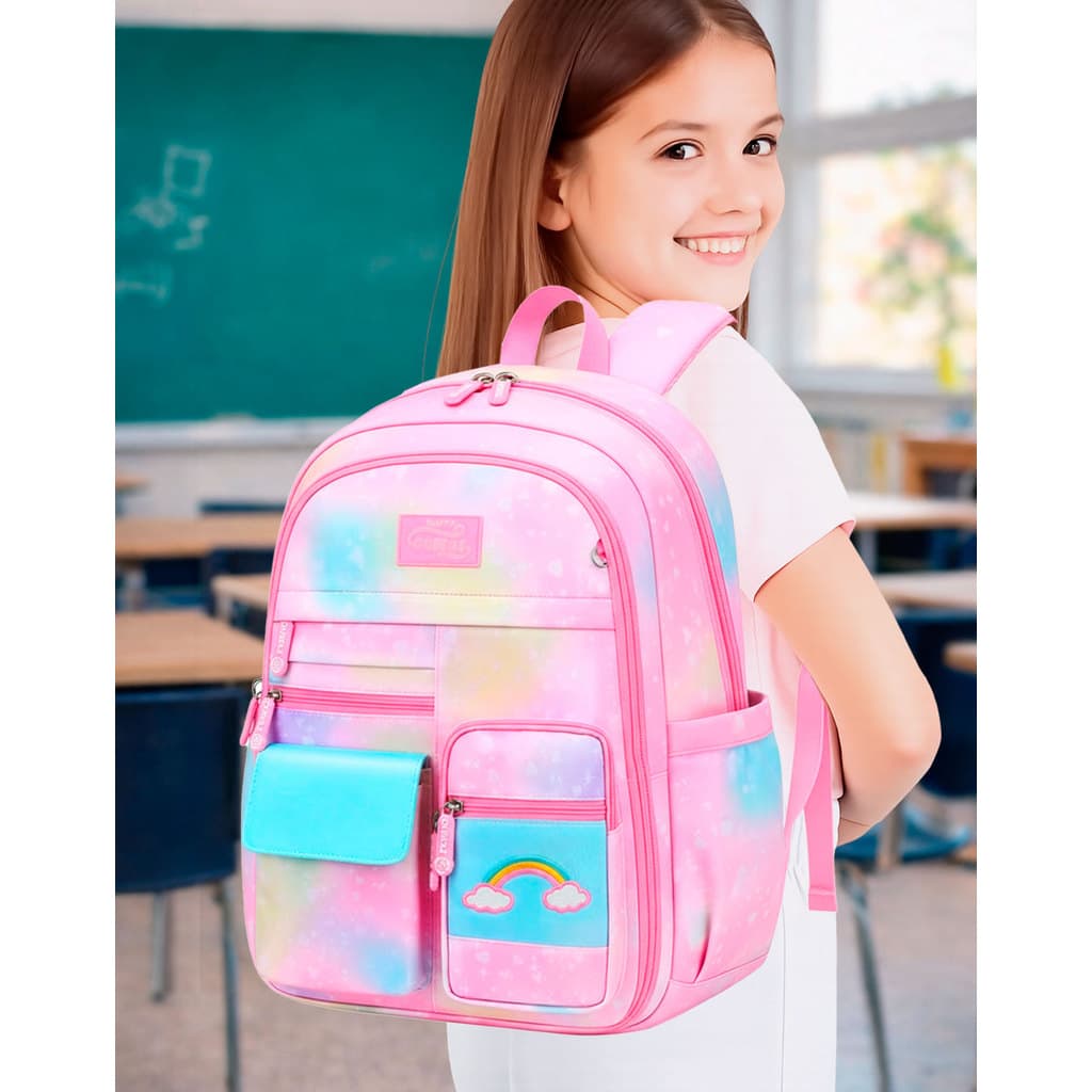 Mochila Feminina Escolar Bolsa Espaçosa Infantil Colorida Tie Dye Porta Notebook