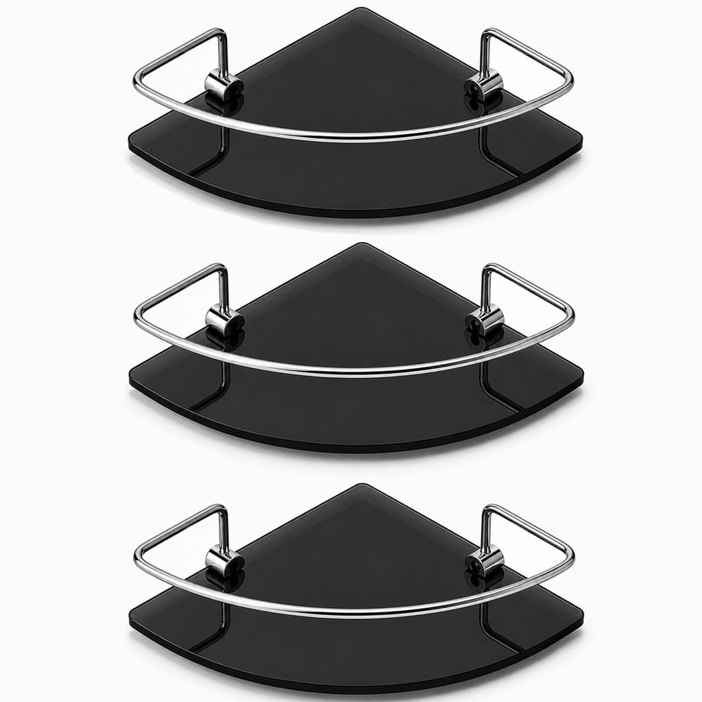 Porta Shampoo Para Banheiro Suporte De Vidro 6mm Fumê Canto Preto C/ Cromado Anti Ferrugem KIT 03 UN