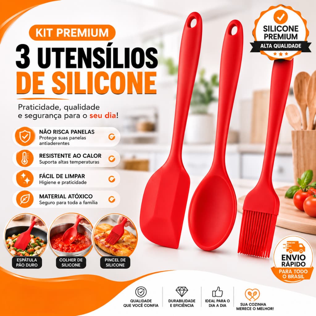 Kit Utensílios Silicone Cozinha 3 Peças Espátula Pão Duro Colher Silicone Pincel Culinário Premium