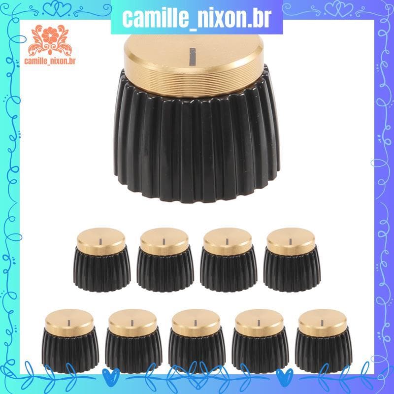 [camille_nixon.br] 10x Botões De Amplificador AMP De Guitarra Push-on Preto + Tampa Dourada Para