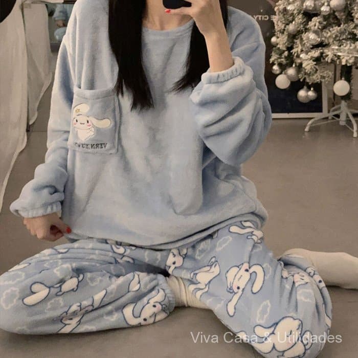 Promoção Imperdível no Brasil ⭐ Pijama feminino de lã coral para o inverno, com design fofo de cachorro cor de canela, f