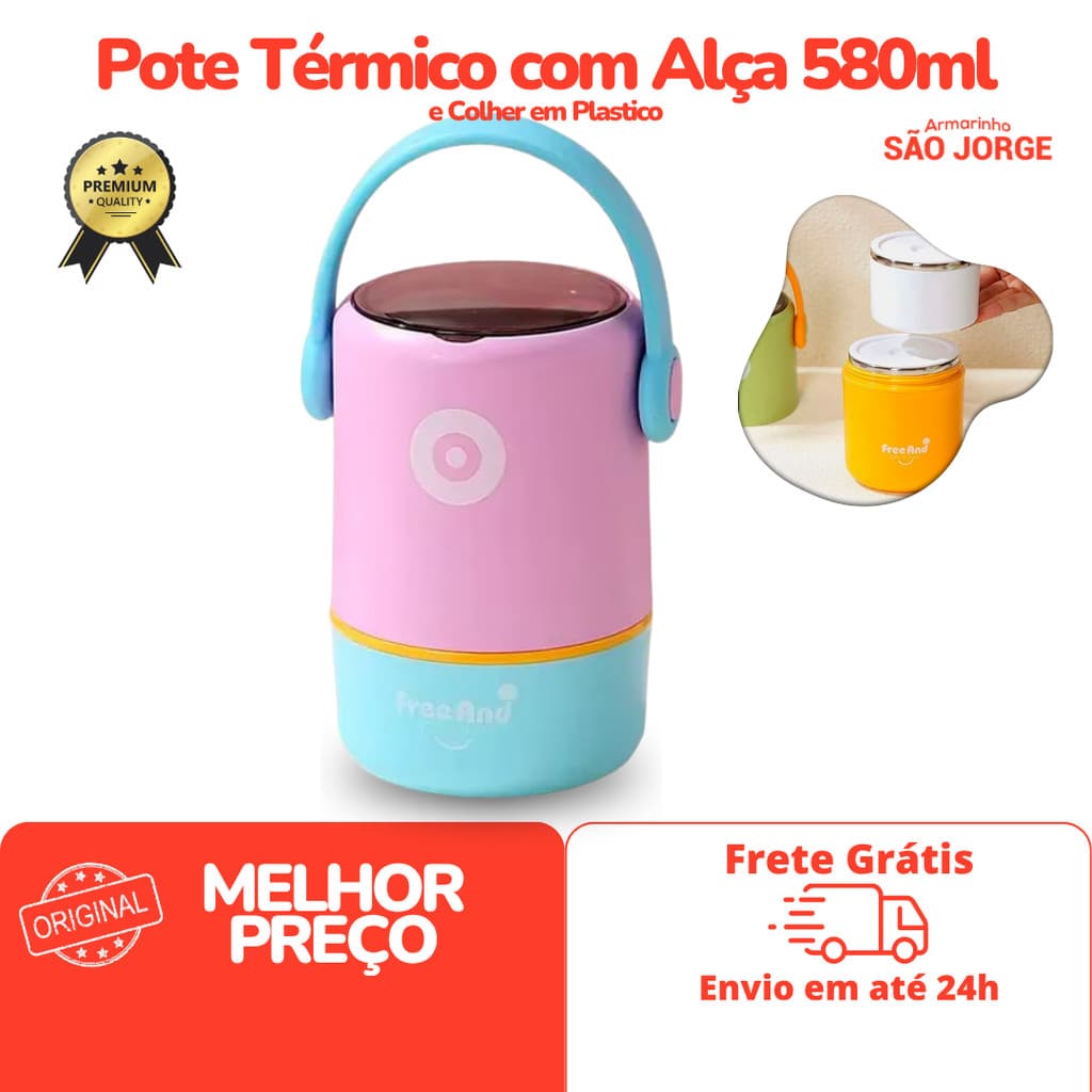 Pote Térmico com Alça e Colher em Plastico 580ML Hermético Marmita Termica em Inox