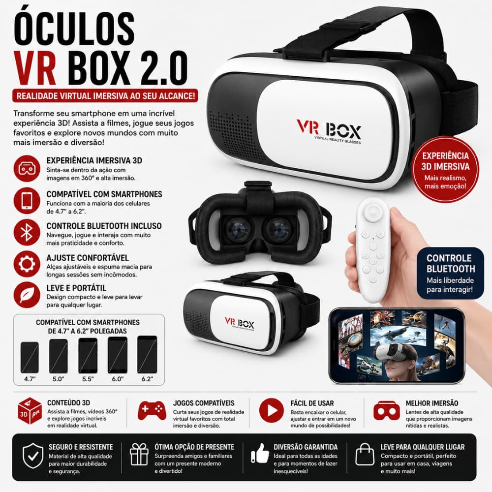 Óculos VR Box 2.0 Realidade Virtual 3D Com Controle Bluetooth Compatível Com Smartphones 4.7 A 6.2