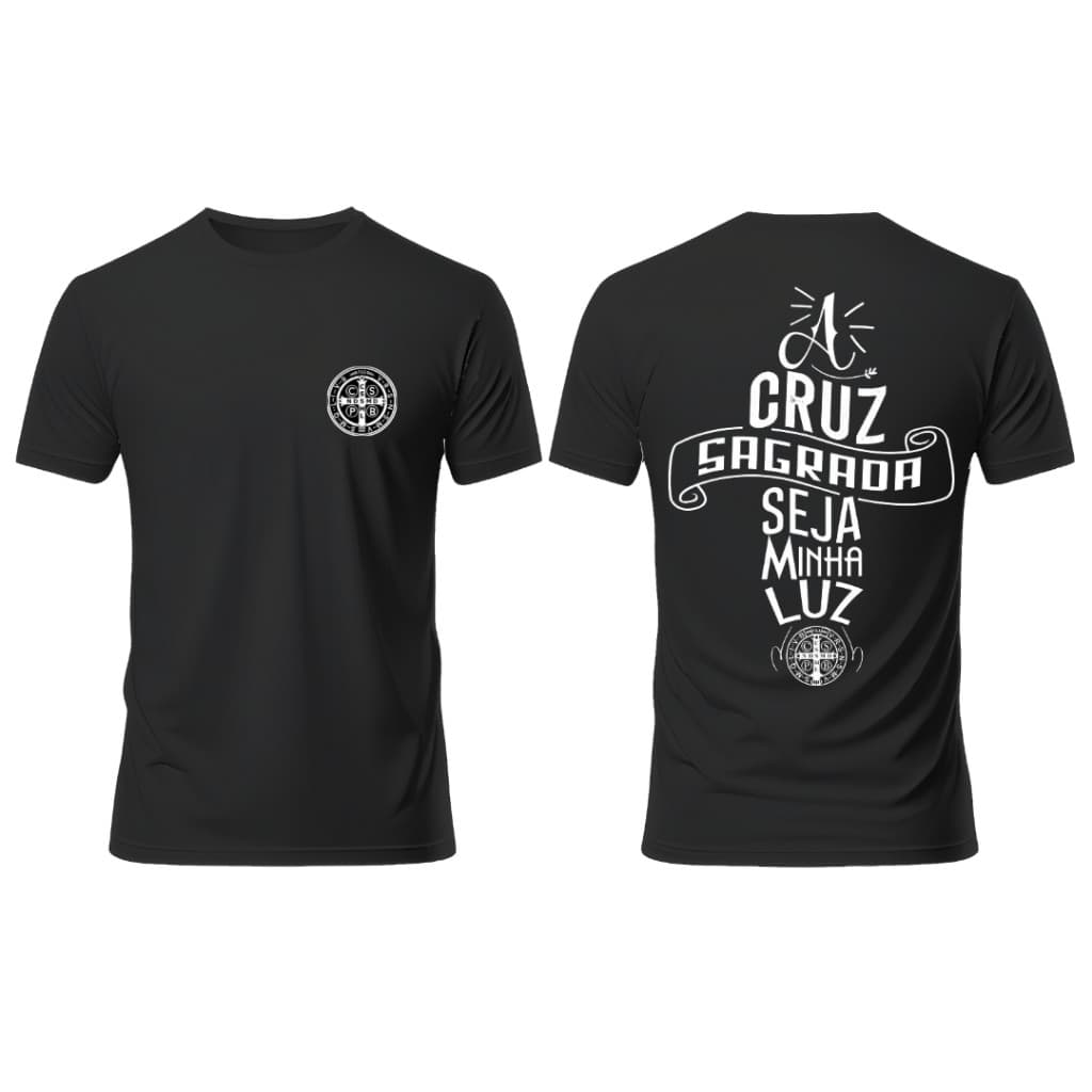 Camiseta camisa catolica estampada a cruz sagrada seja minha luz são bento