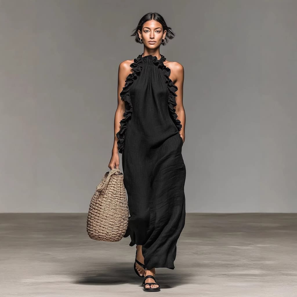 2026 estilo de férias europeu americano babados Halter pescoço sem mangas vestido feminino verão solto mais magro olhar