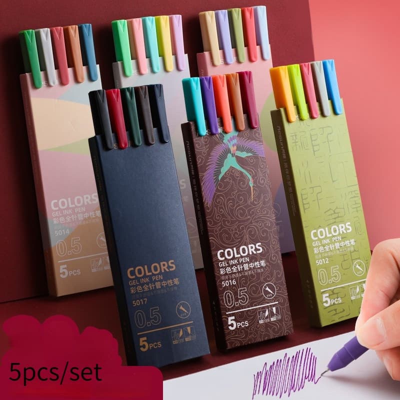 Conjunto de 5 Peças, Caneta Gel Simples Morandi Macaron, Estilo Retrô, Embalada em Caixa, Pequena, Fresca, Marcador Mult