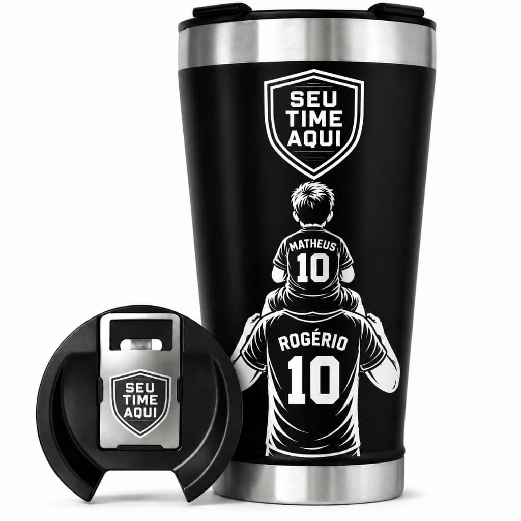 Copo Térmico Inox 473ml Pai e Filho Personalizado com Nome, Time de Futebol, Tampa e Abridor
