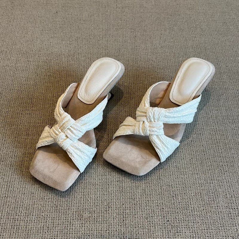 Chinelos De Cunha Tecido Para Mulheres , Sandálias Casuais De Verão Estilo Fada Com Bico Quadrado