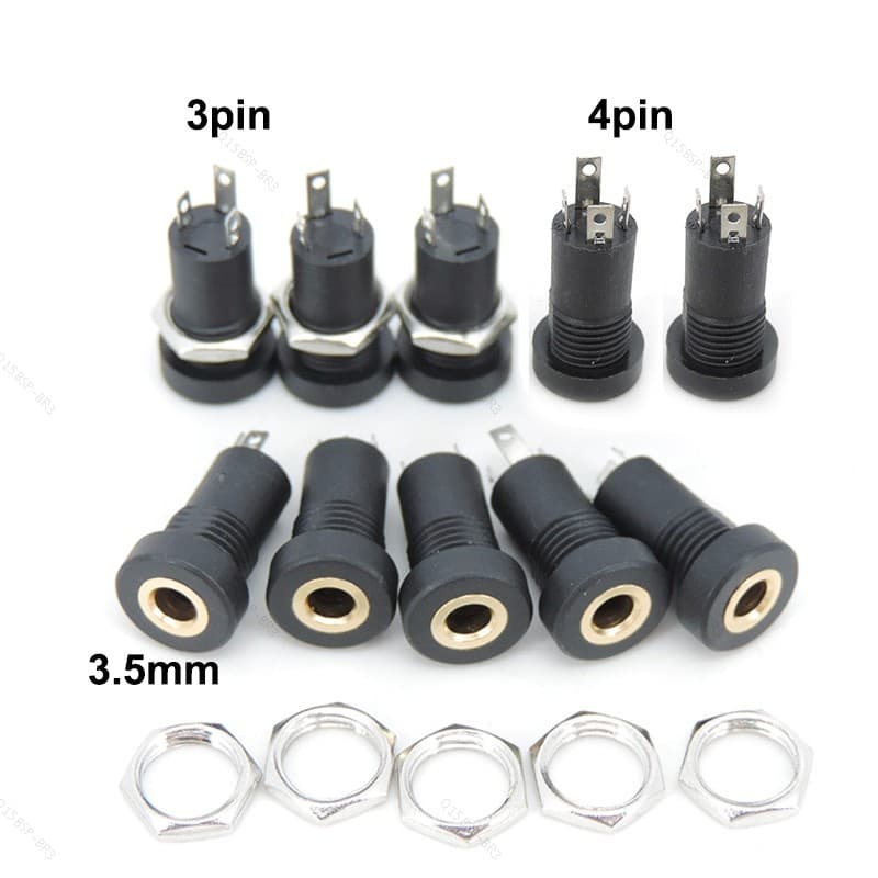 3.5MM 3 Pólos 4 3/4Pin Áudio Fêmea Jack Soquete Estéreo PJ-392A PJ392A Montagem Em Painel De Solda Com Porca BR15B3