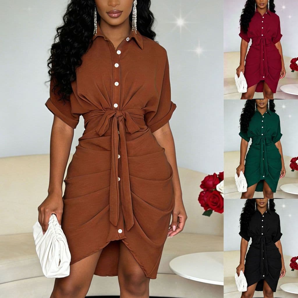 Vestido Feminino Com Cintura Franzida , Manga Curta , Lapela , Gola , Botão , Bainha Assimétrica , Midi , Bodycon , Eleg