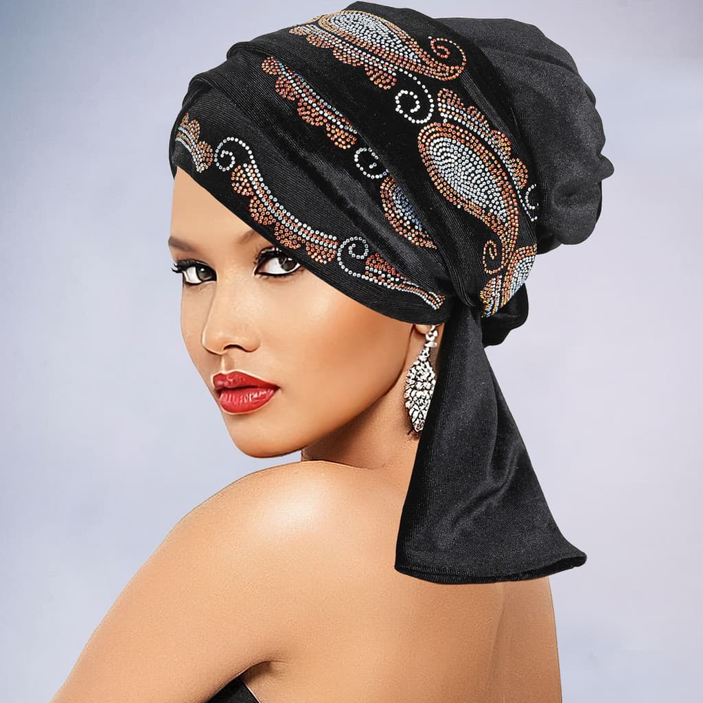 [Estoque pronto] novo estilo quente diamante veludo turbante boné venda quente senhoras testa cruz Baotou boné veludo tu