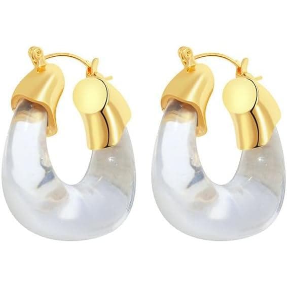 Brincos de Argola Grossos Banhados a Ouro 18K com Resina Transparente para Mulheres, Brincos Huggie em Acrílico Transpar