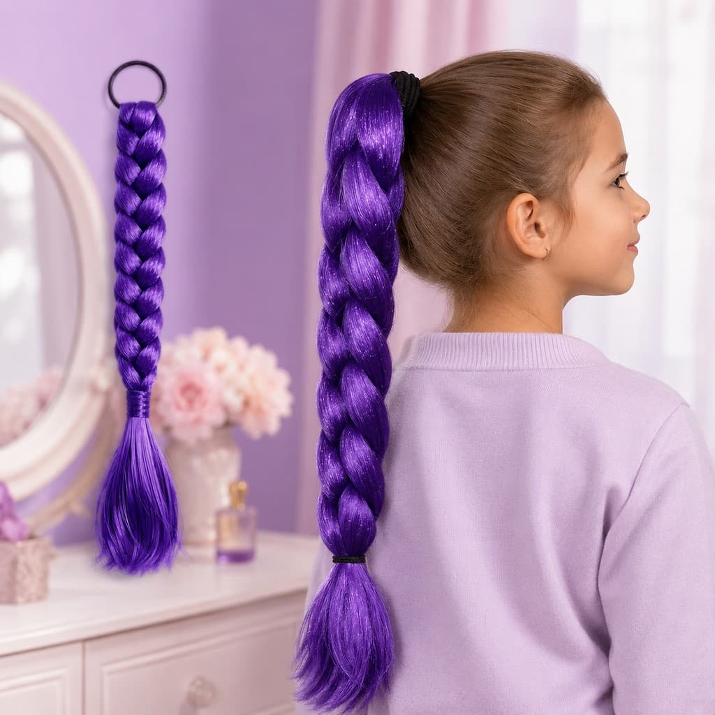 Aplique Trança K-Pop Roxa Brilhante 50cm – Extensão Cabelo Sintético Fantasia Feminina
