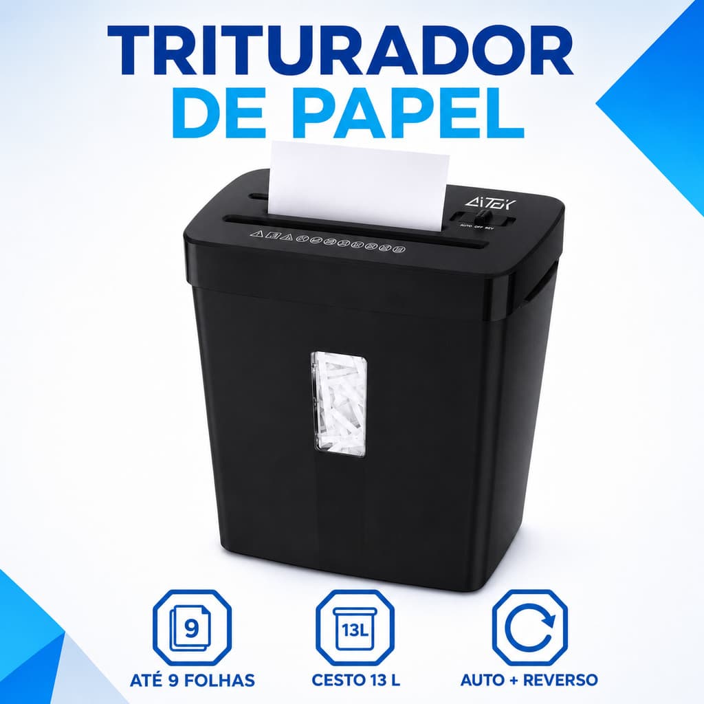 Fragmentadora de Papel Aitek 9 Folhas com Cesto 13L Automática Função Reverso 127V ou 220V