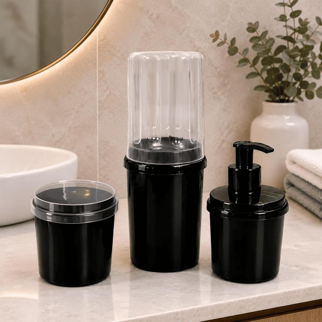 Kit Banheiro Plasberg 3 Peças Porta Escova Porta Algodão Porta Sabonete Líquido Preto