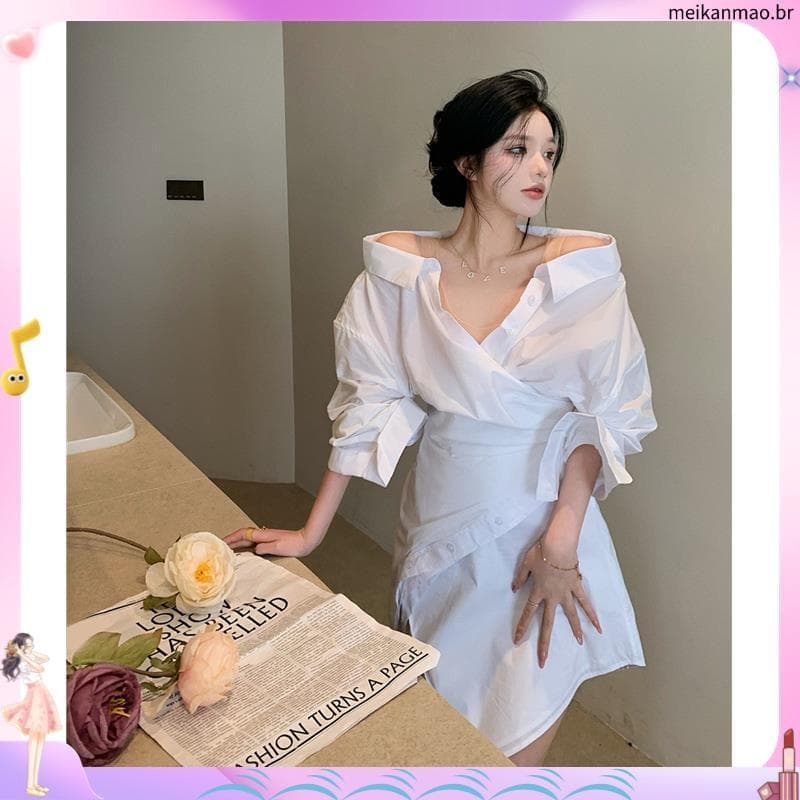 Em s exclusivo fora do ombro vestido feminino Irregular camisa de cintura estreita vestido verão novo estilo versão core