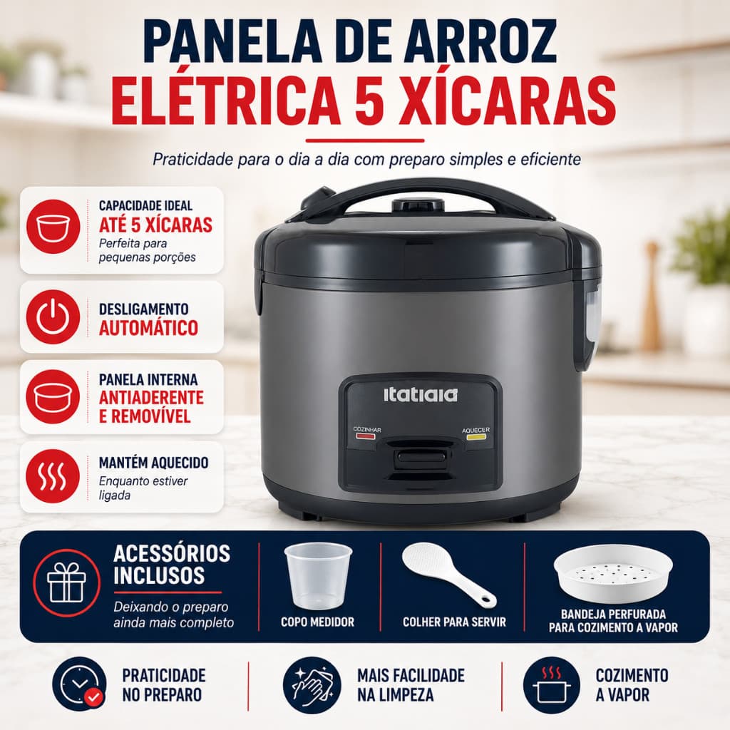Kit Air Fryer Itatiaia 3,5L + Panela de Arroz 1L Elétrica 5 Xícaras Original E Pratica