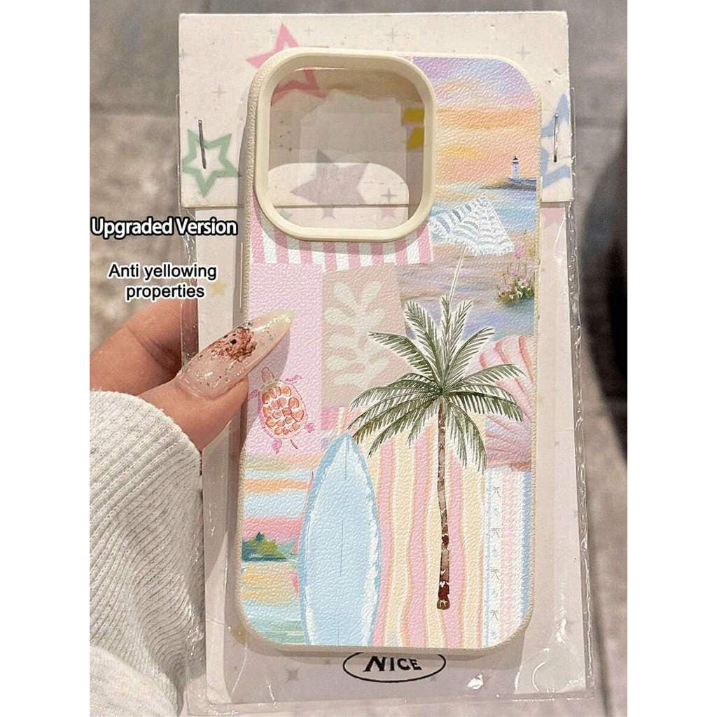 Capa de celular minimalista com estilo de férias, apresentando um padrão de prancha de surf e palmeira, feita de materia