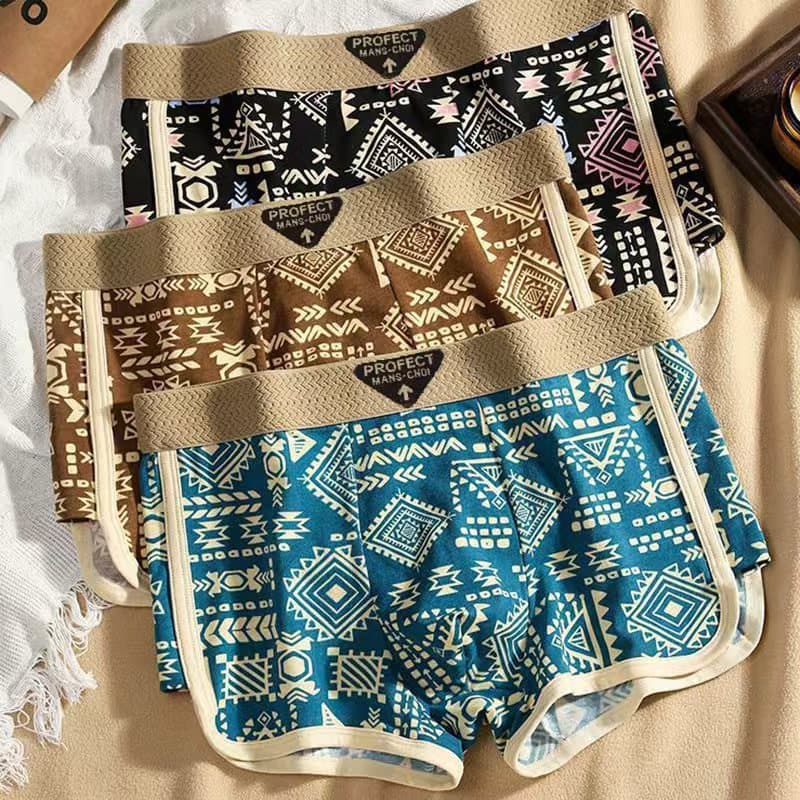 3 Peças de Cuecas Boxer Masculinas com Estampa Retrô - Roupa Íntima Estilo Vintage Respirável com Design Personalizado F