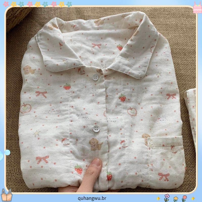 Pijamas de verão femininos lapela ins nuvem algodão dos desenhos animados pijamas femininos Shorts de manga curta dormit