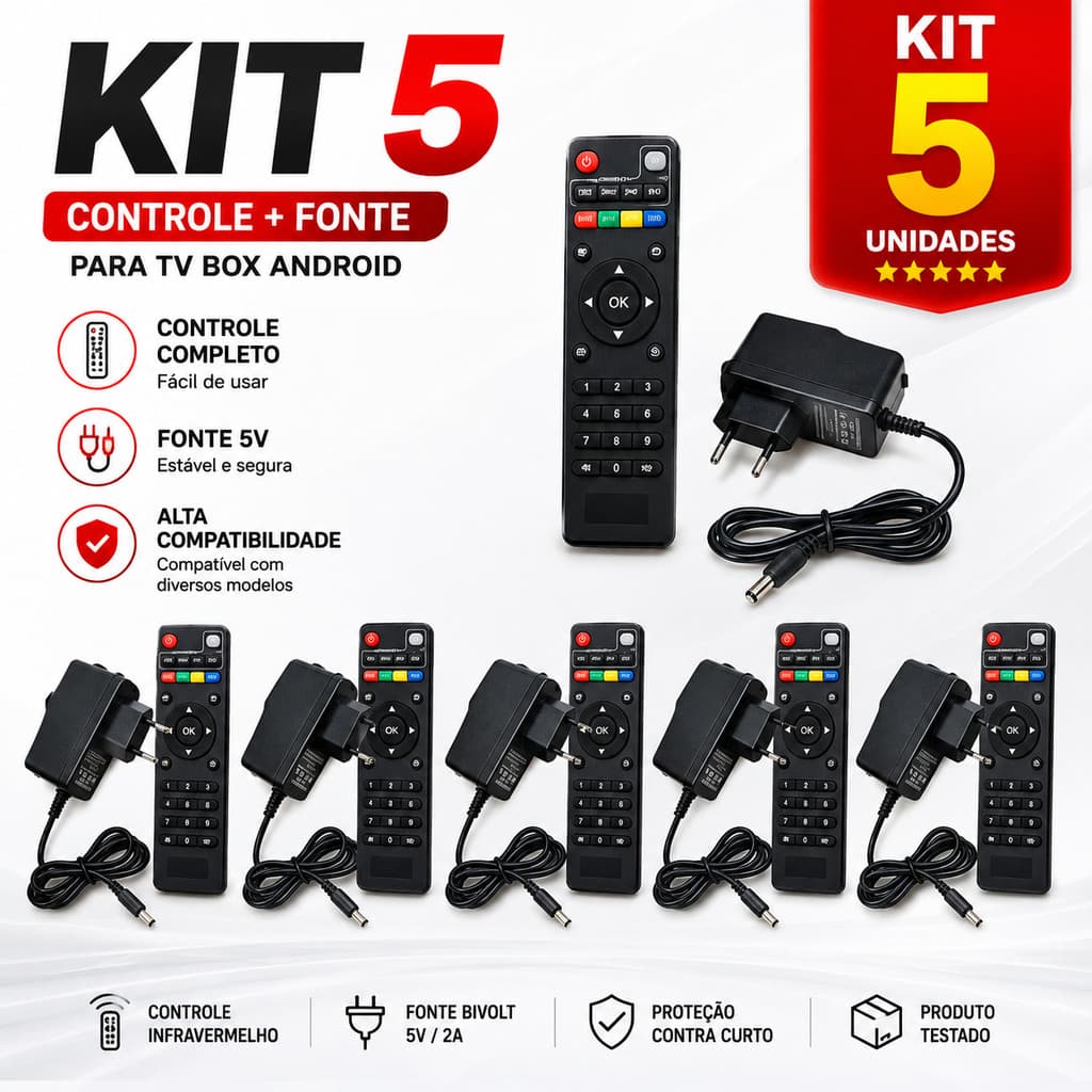 KIT5 Fonte Universal + Controle Remoto Smart Box TV Compatível Roku Fire Stick Apple TV | Substituição Fácil
