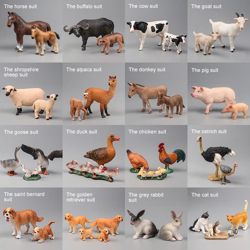 Conjunto de fazenda simulada, incluindo modelos de pássaros e animais, modelos de vaca, ovelha, galinha e personagens de