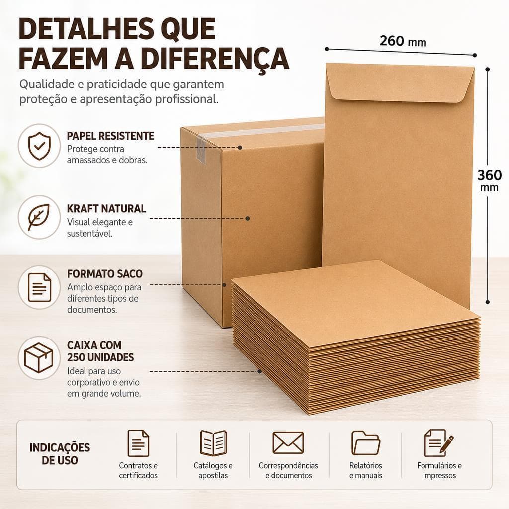 Caixa 250 Envelopes 260x360 - Parda - segurança unidades saco embalagem kraft envio pardo
