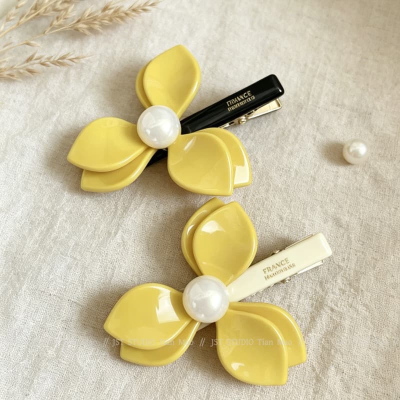 [Estoque pronto] Francês suave amarelo pérola flor grampo de cabelo par luz luxo lado franja clipe lateral flor doce ace