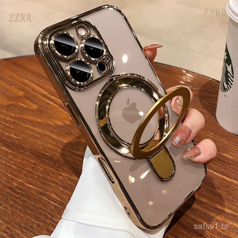 Capa de telefone transparente e invisível com suporte magnético para iPhone 16 Pro Max, com protetor de lente de câmera