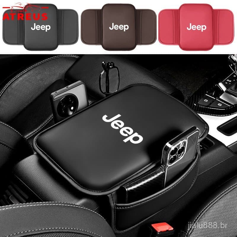 Almofada de Couro para Apoio de Braço de Carro para Jeep com Bolsa Organizadora para Renegade Compass Willys Wrangler JK