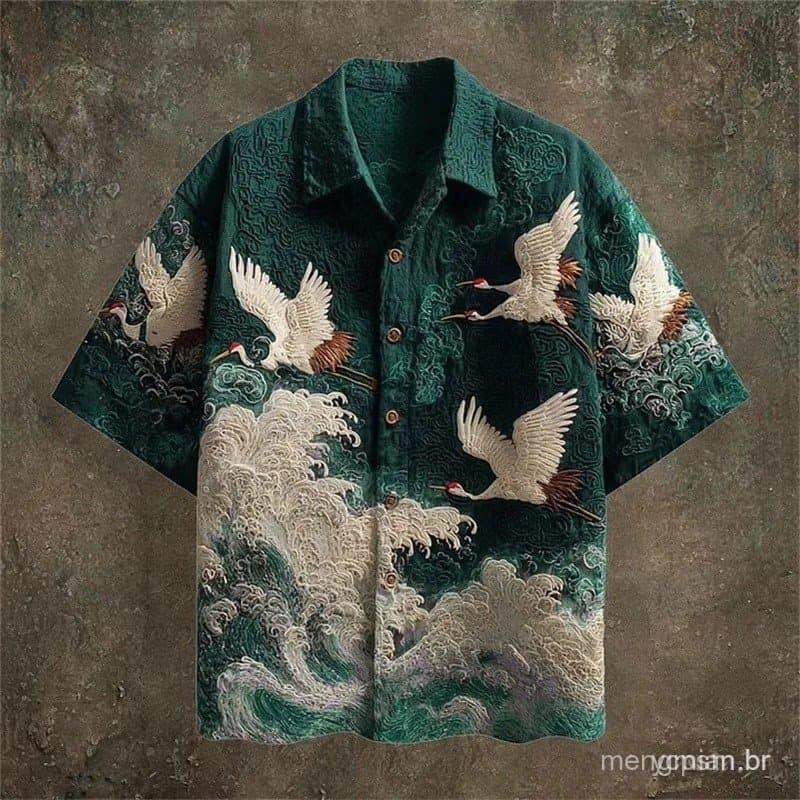 Novo tecido verde escuro com padrão em relevo e estampa de garça e ondas para camisa masculina casual de manga curta.