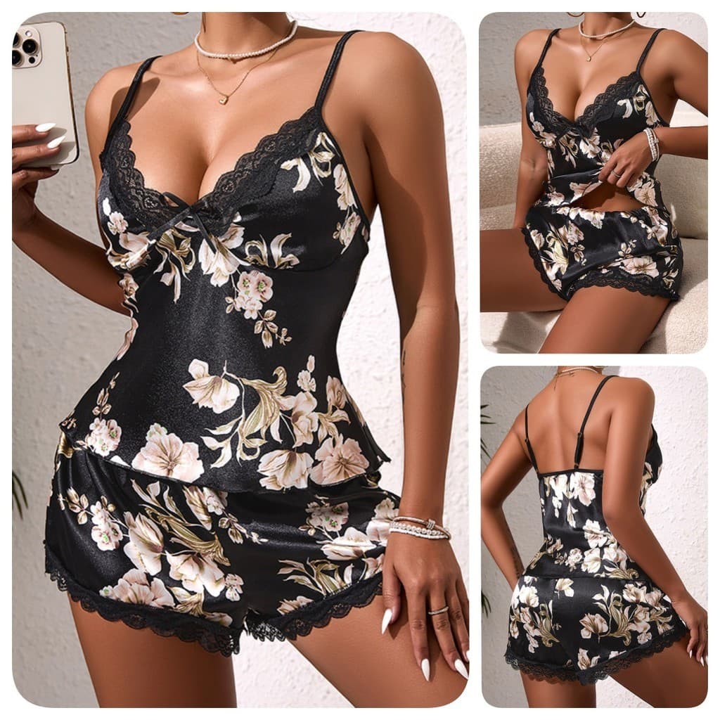 Murphy Cross-Border europeu americano cetim Floral impressão pijamas conjunto de renda costura profundo V Suspender Shor