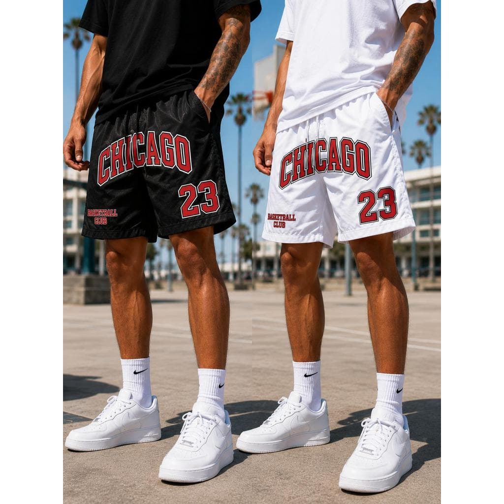 Kit 2 Bermudas Tactel CHICAGO Mauricinho Masculina Basquete Casual Praia Academia Preta Branca Mauricinho